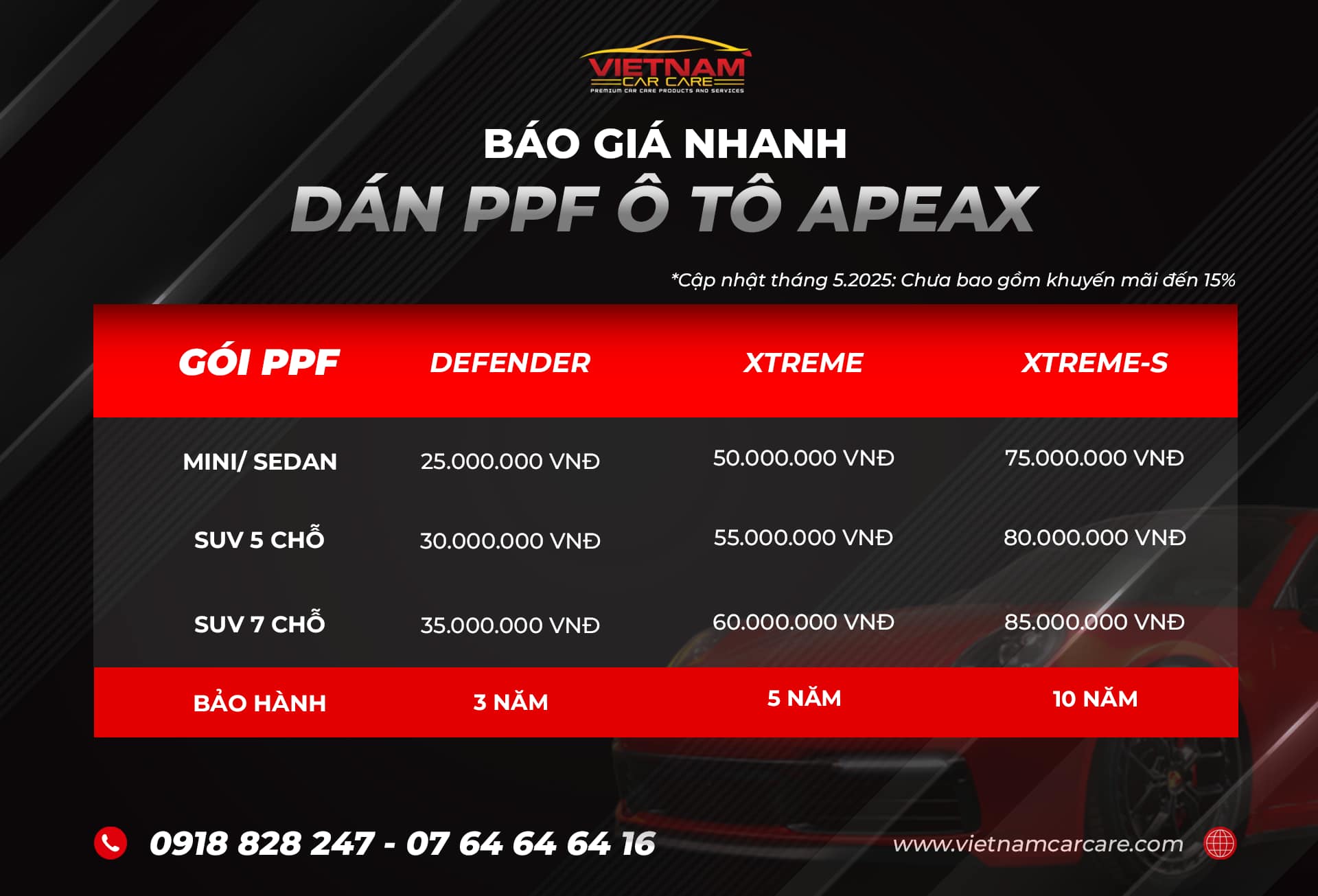 Báo giá nhanh dán PPF ô tô APEAX tại Vietnam Car Care. Vị trí: Dán FULL toàn bộ xe. Tặng thêm dán PPF Nội thất ô tô tương ứng.