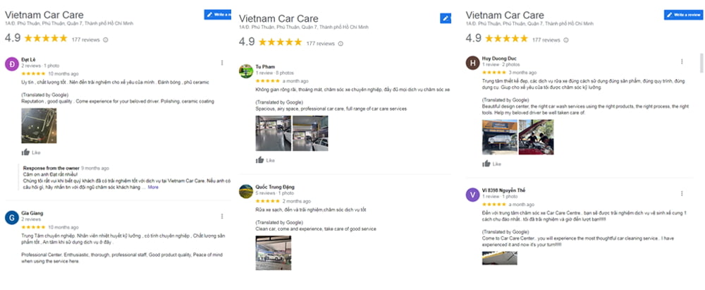 Để ý đến các đánh giá của khách hàng về trung tâm phủ Ceramic ô tô chất lượng từ Google Reviews.