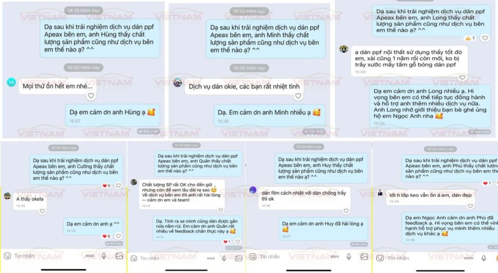 Phản hồi tích cực của các khách hàng về dịch vụ dán PPF ô tô tại Vietnam Car Care.