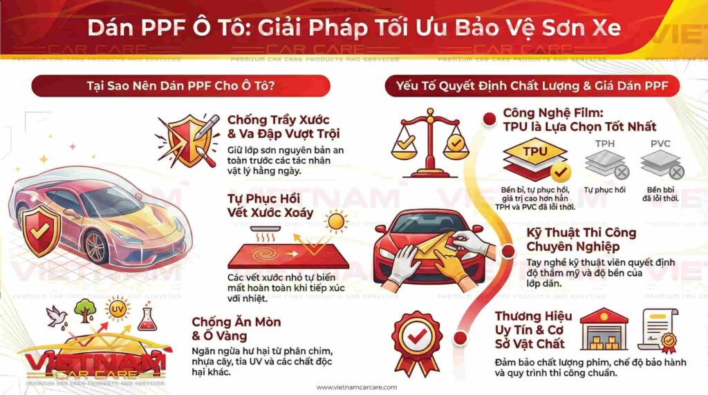 Infographic: Tóm tắt các yếu tố ảnh hưởng đến chất lượng và giá dán PPF ô tô.