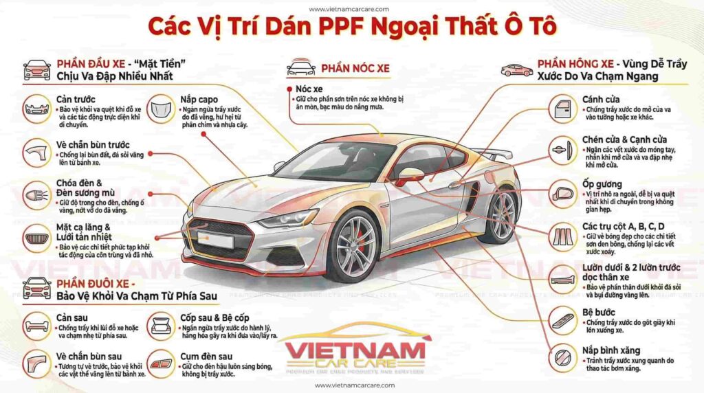 Infographic: Các vị trí dán PPF ngoại thất ô tô từ Vietnam Car Care.