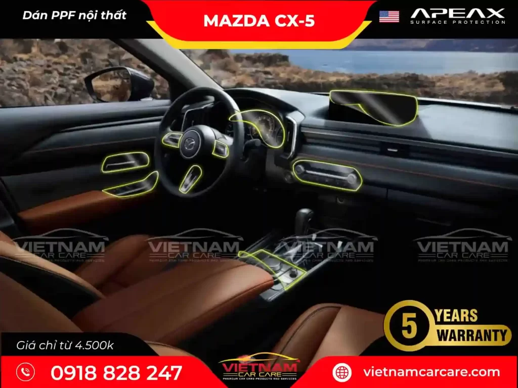 Dán PPF cho nội thất Mazda CX 5: SUV 5 chỗ bán chạy hàng đầu tại Việt Nam.