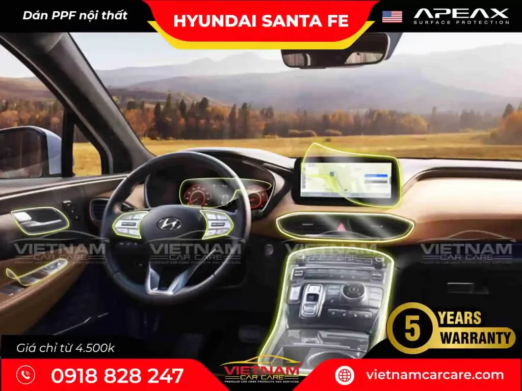 Phim dán PPF Apeax cho nội thất Hyundai Santa Fe.