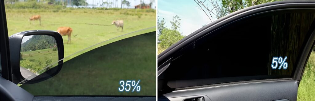 Sự khác biệt giữa độ xuyên sáng phim cách nhiệt 35% và 5% sau khi dán.