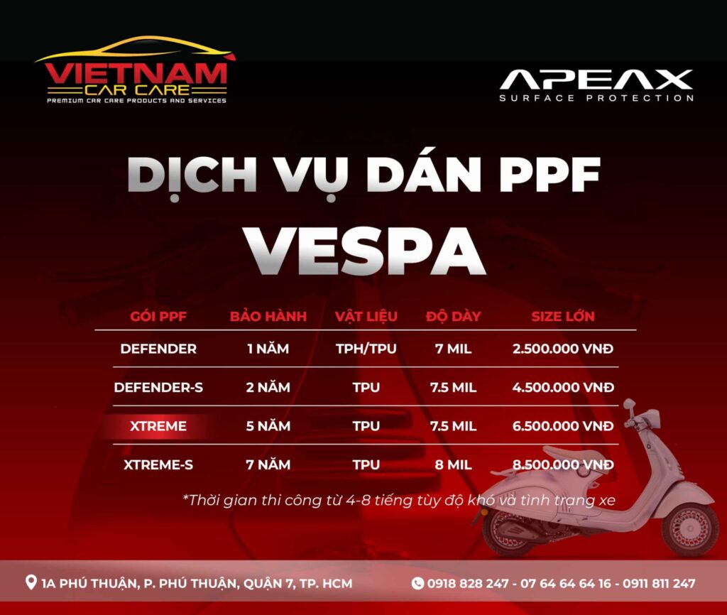 Dịch vụ dán PPF xe Vespa. Film PPF Apeax TPU của Mỹ. Bảo hành đến 7 năm