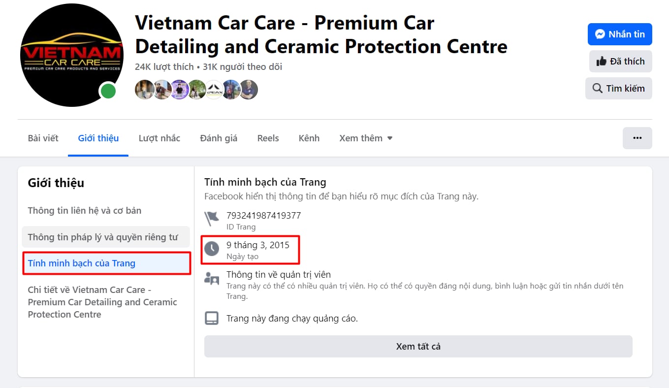 Ví dụ về cách tìm kiếm năm hoạt động trên trang facebook của một trung tâm dán phim cách nhiệt uy tín.