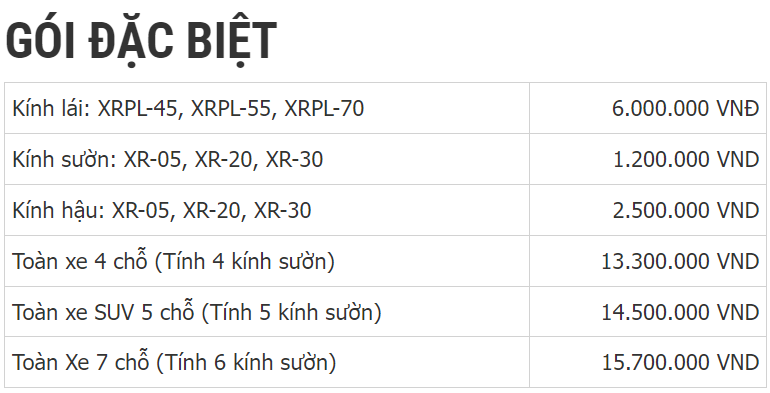 Bảng giá gói dán Xpel Đặc Biệt từ 13,3 triệu đồng. (Tham khảo từ Xpel Việt Nam)