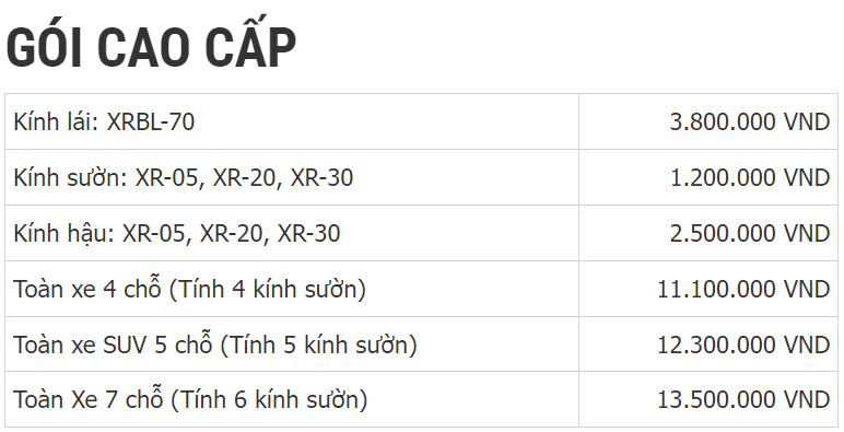 Bảng giá gói dán Xpel Cao Cấp từ 11,1 triệu đồng. (Tham khảo từ Xpel Việt Nam)