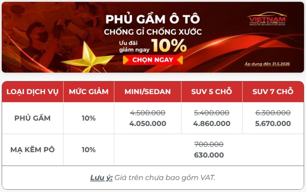 Phủ gầm và mạ kẽm pô được giảm thêm 10%