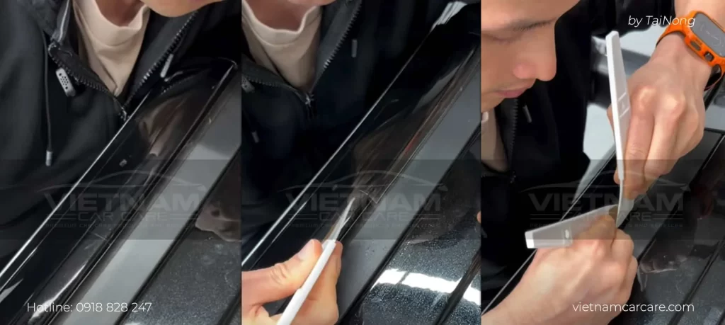 Sử dụng 2 miếng gạt PPF đan xéo hình chữ V sẽ đẩy được màng phim PPF vào mép.